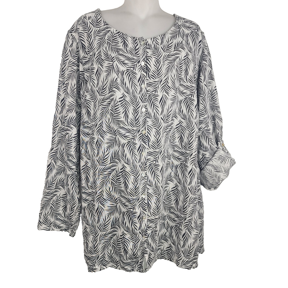 Tahari 100% Linen European Grown Flax Black Leaf Tropical Button Tab Sleeve 2X